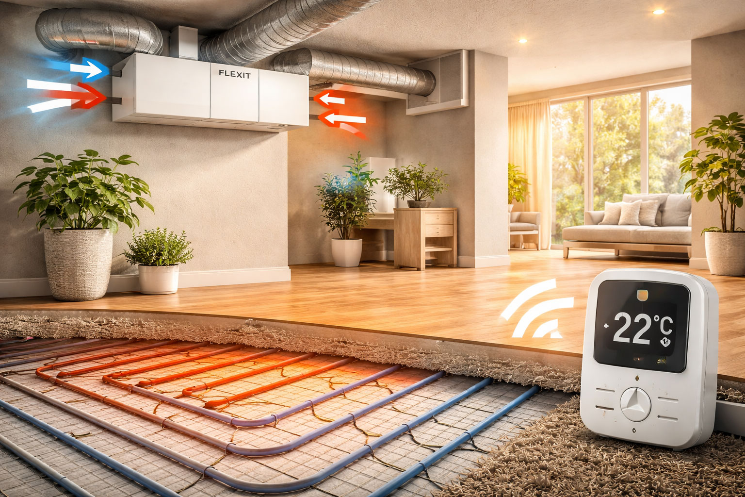 Flexit rekuperatorius ir grindinis šildymas: kaip veikia kartu?